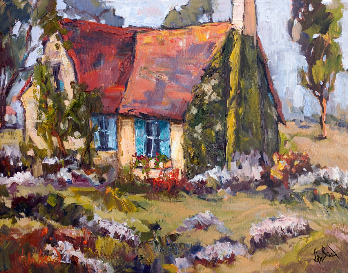 Canvas print featuring a cottage with blue shutters alongside desert foliage, in a 24x30 inch format.