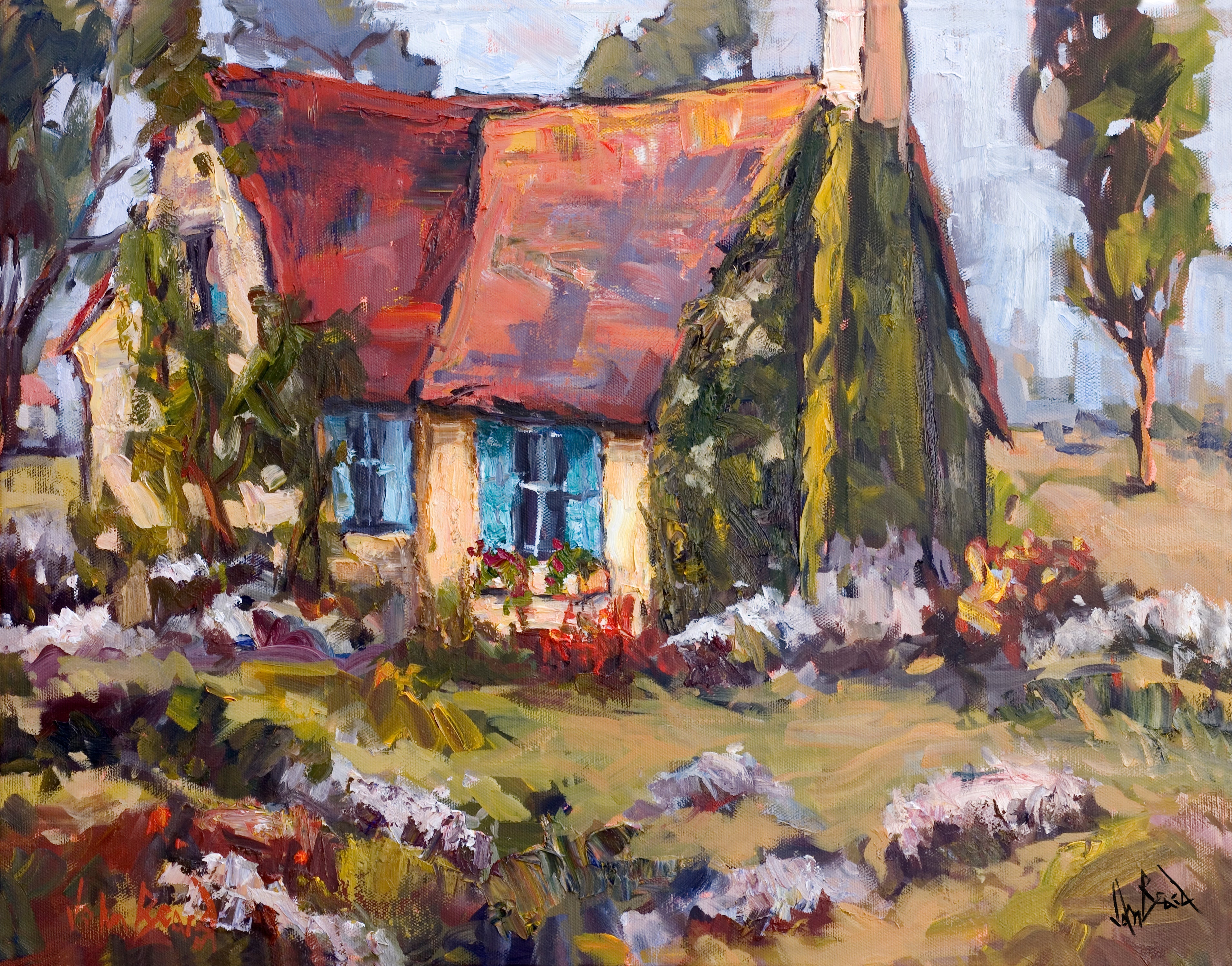 Canvas print featuring a cottage with blue shutters alongside desert foliage, in a 24x30 inch format.