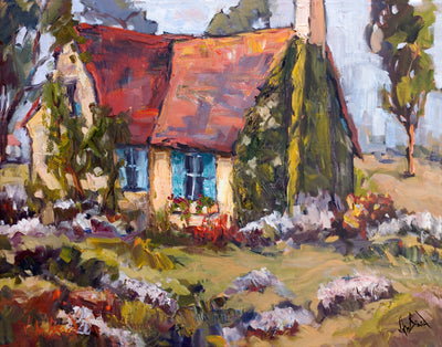 Canvas print featuring a cottage with blue shutters alongside desert foliage, in a 24x30 inch format.