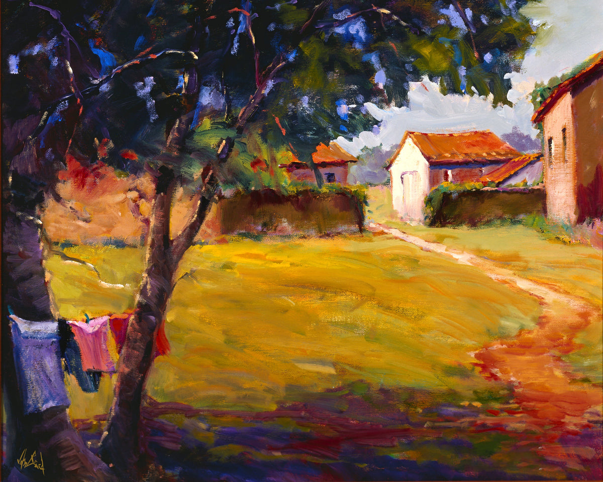 Country Cottage with Path Artist Enhanced Canvas Print showing a cottage with a winding path and trees
