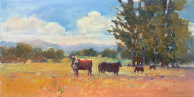 Cows Artist Enhanced Canvas Print by John Beard Collection, showing a scene of cows on a 15x30 inch canvas with brown frame