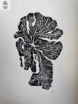 Black ink woodcut print of an irregularly shaped crab apple tree ring with detailed growth rings on white background, signed in lower right corner.