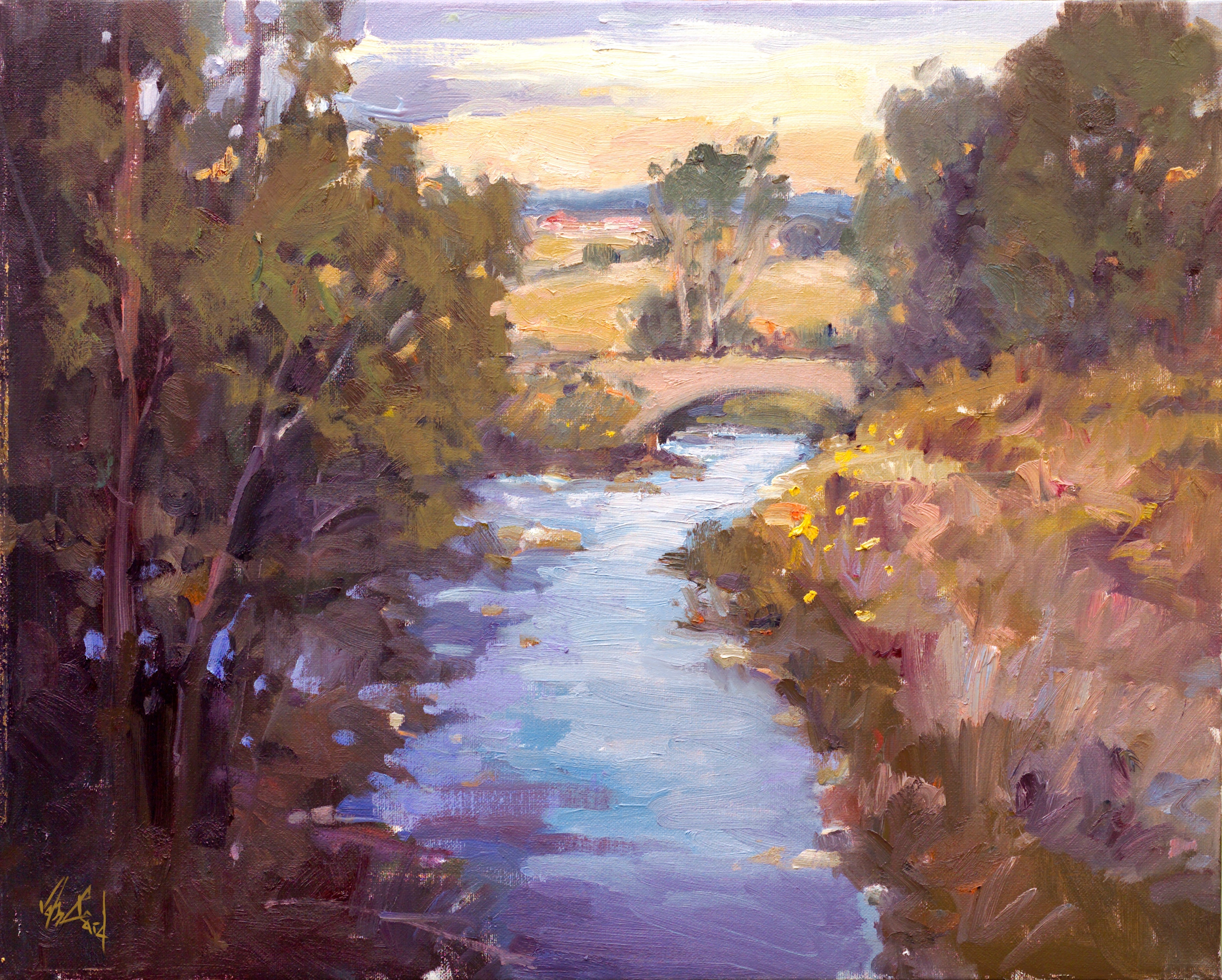 Creek with Bridge Artist Enhanced Canvas Print by John Beard Collection - main product image for Resin Society