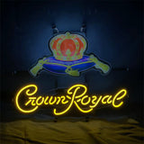 Yellow neon script reading 'Crown Royal' beneath a neon-lit crown with purple and gold details against a dark background.