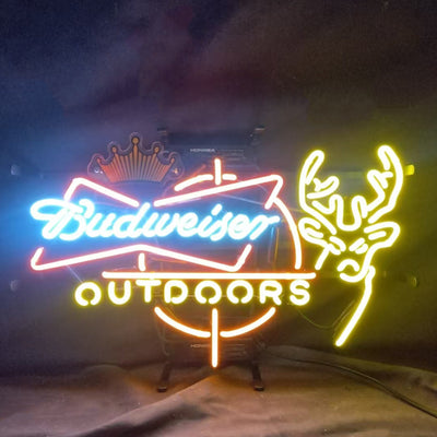 Budweiser Outdoors Deer with Crown Neon Sign with glowing neon glass tubes mounted on a metal grid backing