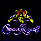 Neon sign featuring a yellow and red crown above the cursive purple text 'Crown Royal' on a black background
