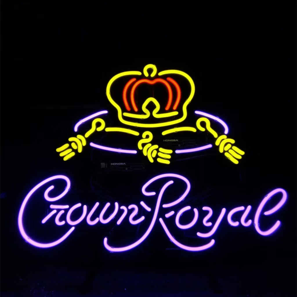 Neon sign featuring a yellow and red crown above the cursive purple text 'Crown Royal' on a black background