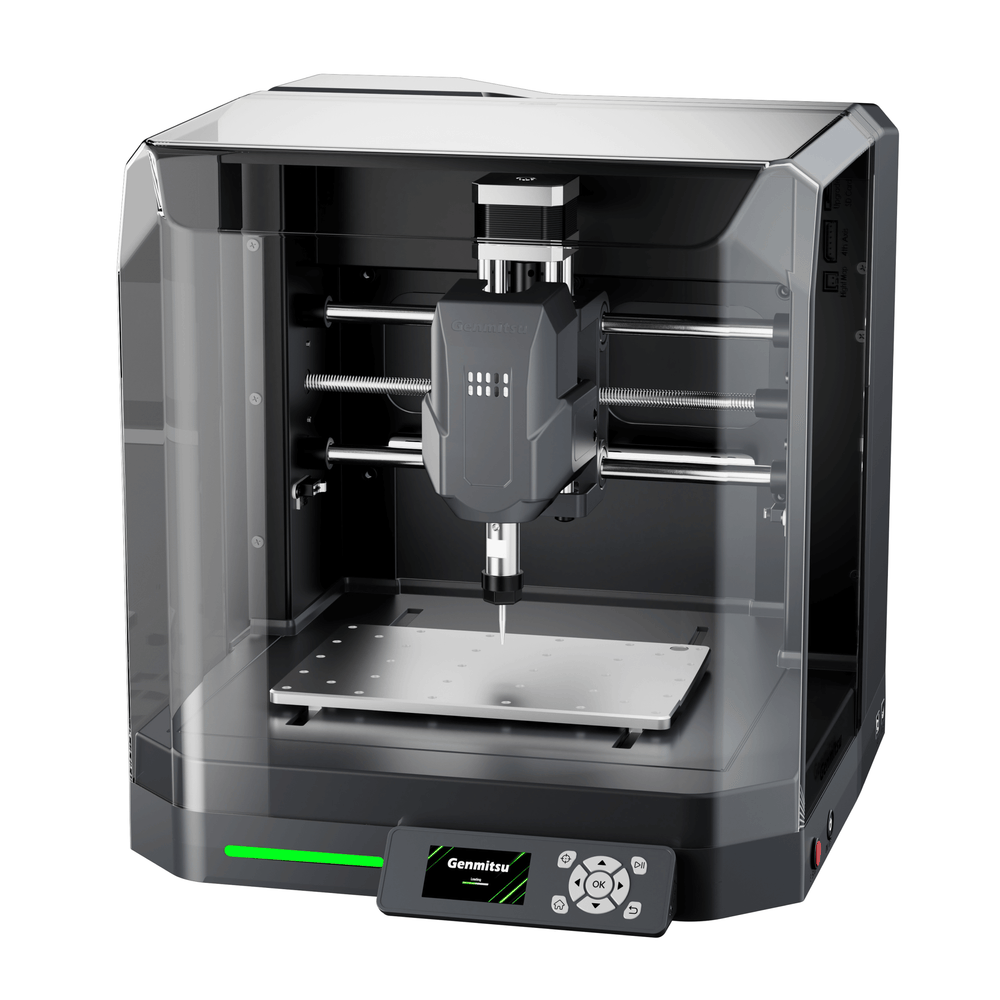 Cubiko CNC Router desktop CNC machine with enclosed dust cover and detailed metal carving