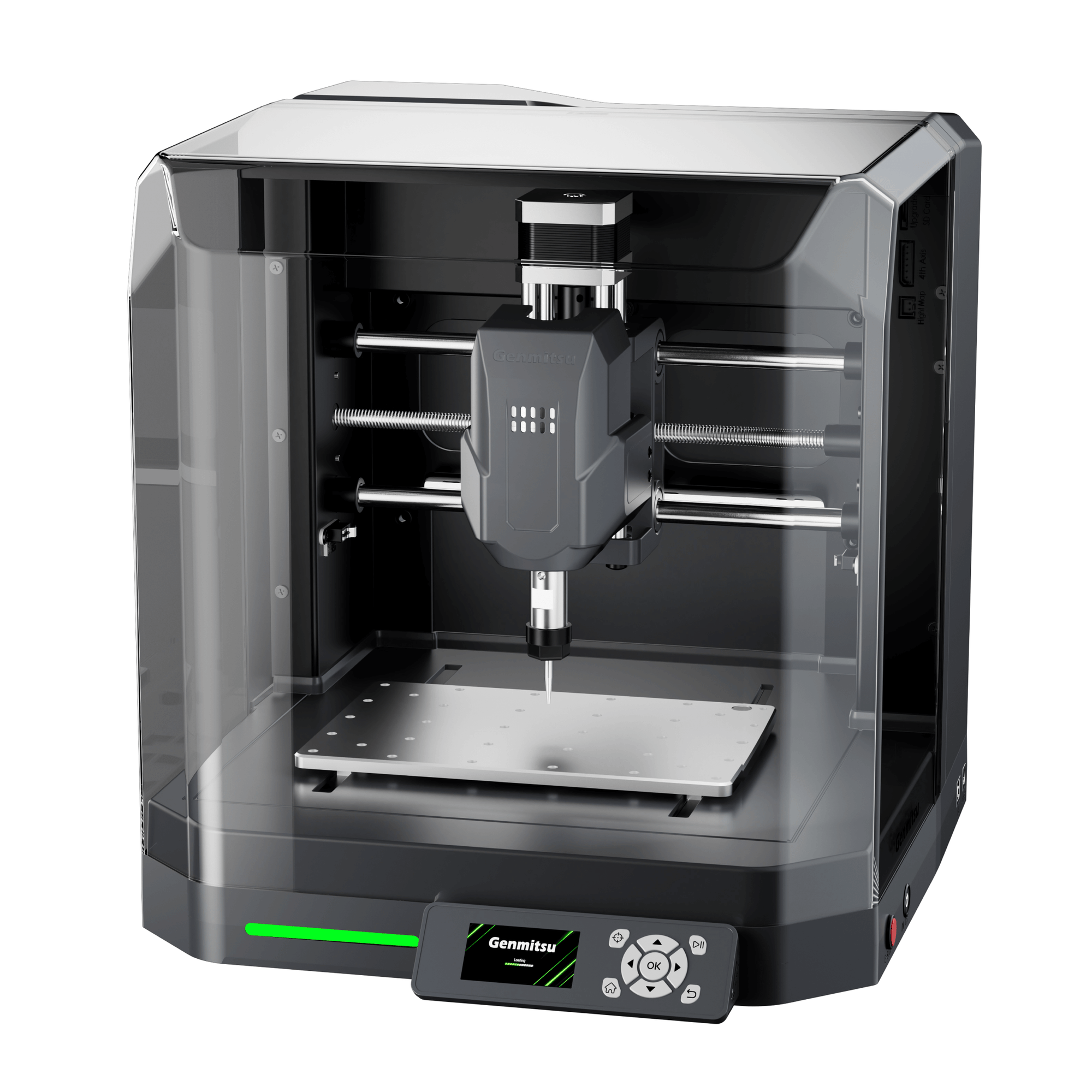 Cubiko CNC Router desktop CNC machine with enclosed dust cover and detailed metal carving