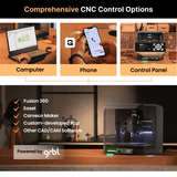 Collage showing three CNC control options: laptop with CAD software, hand holding phone with app interface, and desktop CNC control panel, with a Cubiko CNC router on a wood table.