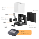 Exploded view diagram of a black desktop CNC with labeled parts: enclosure cover, spindle, Z-axis enclosure cover, Z-axis, control panel, base frame with work table, and rear cover.