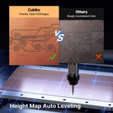 Side-by-side comparison of a precise, cleanly cut orange PCB by Cubiko and a rough, inconsistent cut gray PCB by another router, with CNC router tool and grid surface below.