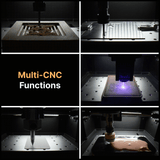 Six-panel collage showing different functions of a desktop CNC machine including wood carving, metal engraving, laser cutting, writing or drawing on paper, and resin pouring, all in a dark workspace.