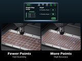Two close-up views of a CNC router scanning a grid-marked surface, illustrating fewer points for fast scanning and more points for high accuracy height mapping.