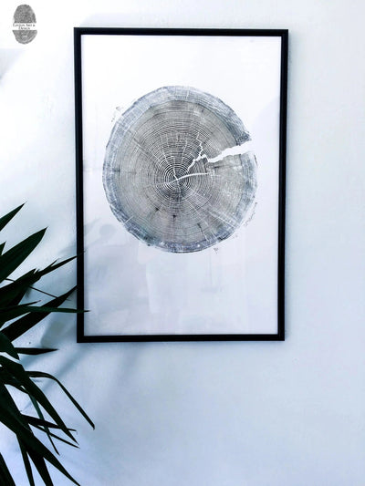 Crater Lake woodcut art print showing tree ring pattern, 24x36 inches, signed original by LintonArt