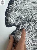 Close-up of a black and white woodcut print showing detailed cedar tree rings with a hand pointing at the center on white background.