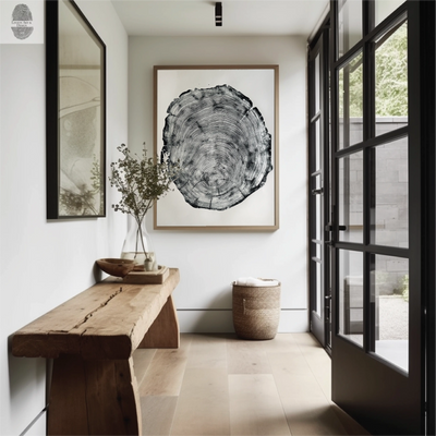Framed San Francisco real redwood art print showing tree rings in warm brown hues, hanging on a wall
