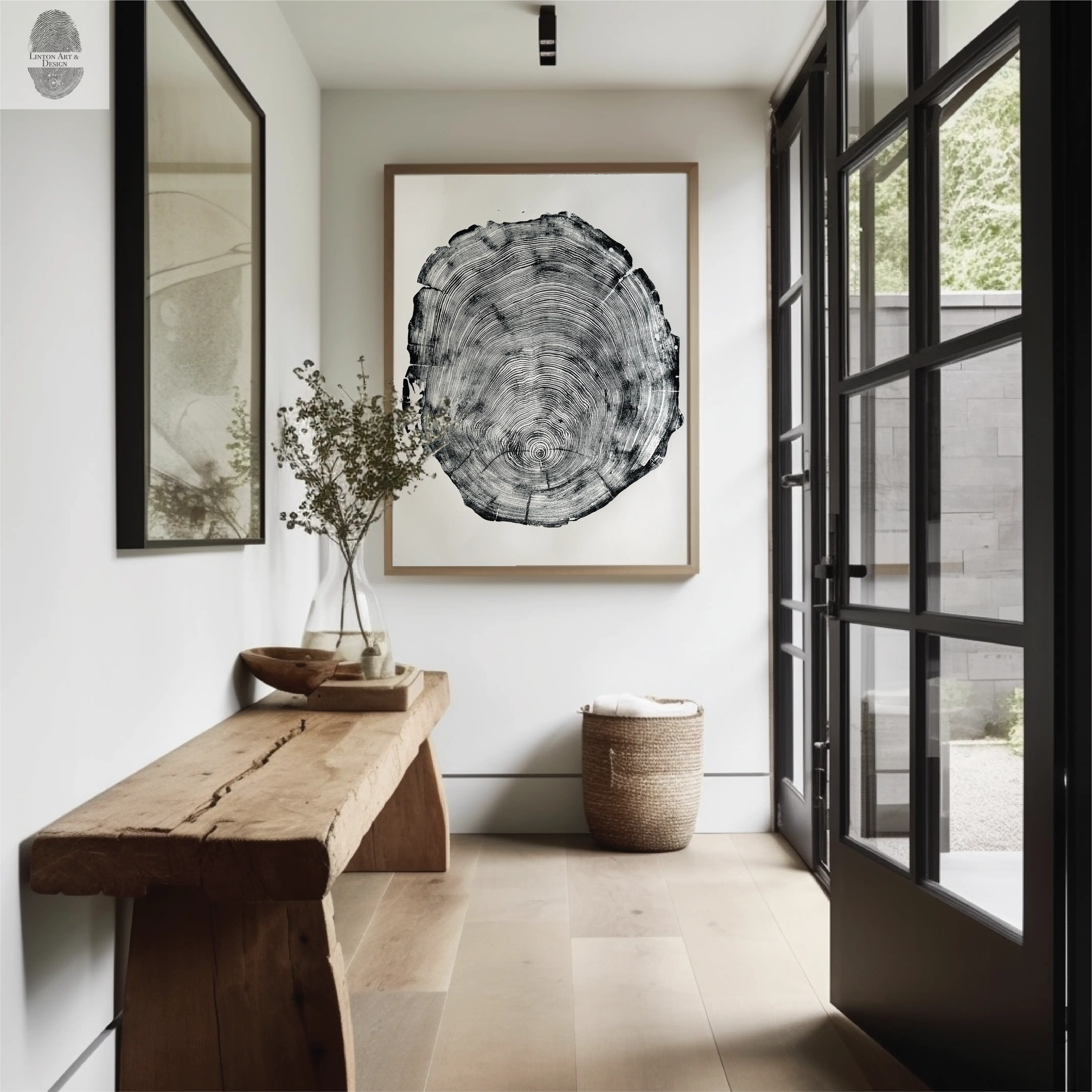 Framed San Francisco real redwood art print showing tree rings in warm brown hues, hanging on a wall