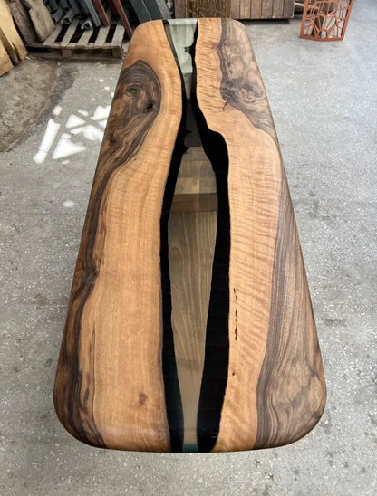 Handmade solid walnut console table with epoxy resin and live edge design