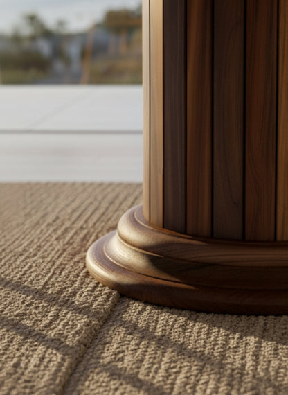 Handcrafted round dining table with walnut wood top and solid wood drum pedestal base featuring custom epoxy resin inlay