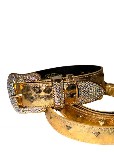 Glam Gold Embossed Studded Italian Leather Collar & Leash Set With Custom Swarovski Crystal Buckle