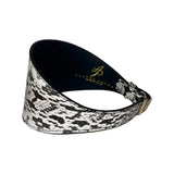 Wide 4-inch collar with a white and black snake print pattern and a gold buckle, shown angled against a white background.