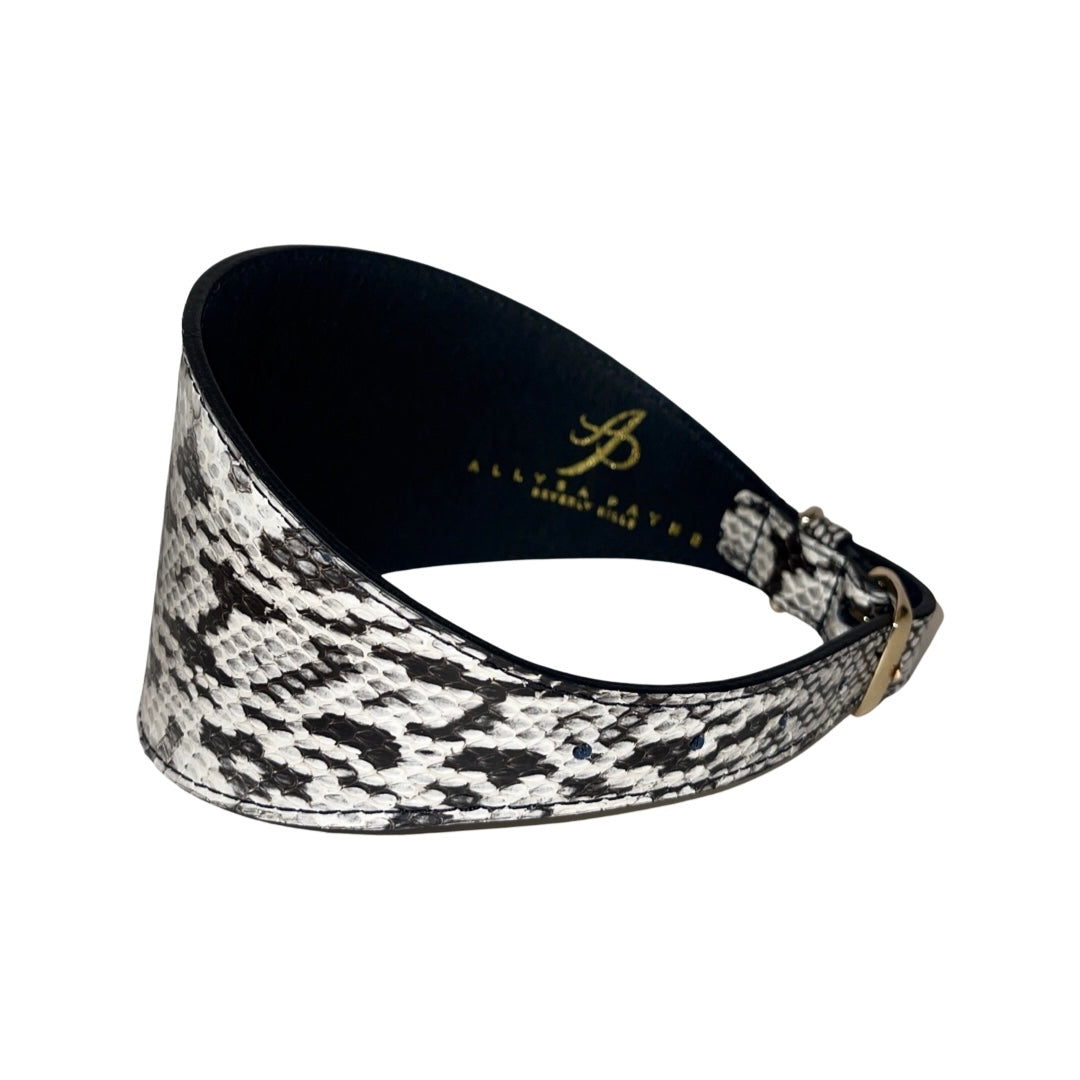 Wide 4-inch collar with a white and black snake print pattern and a gold buckle, shown angled against a white background.