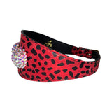 Red and black leopard print collar with a large, round multicolored Swarovski crystal rivet embellishment and adjustable buckle closure.