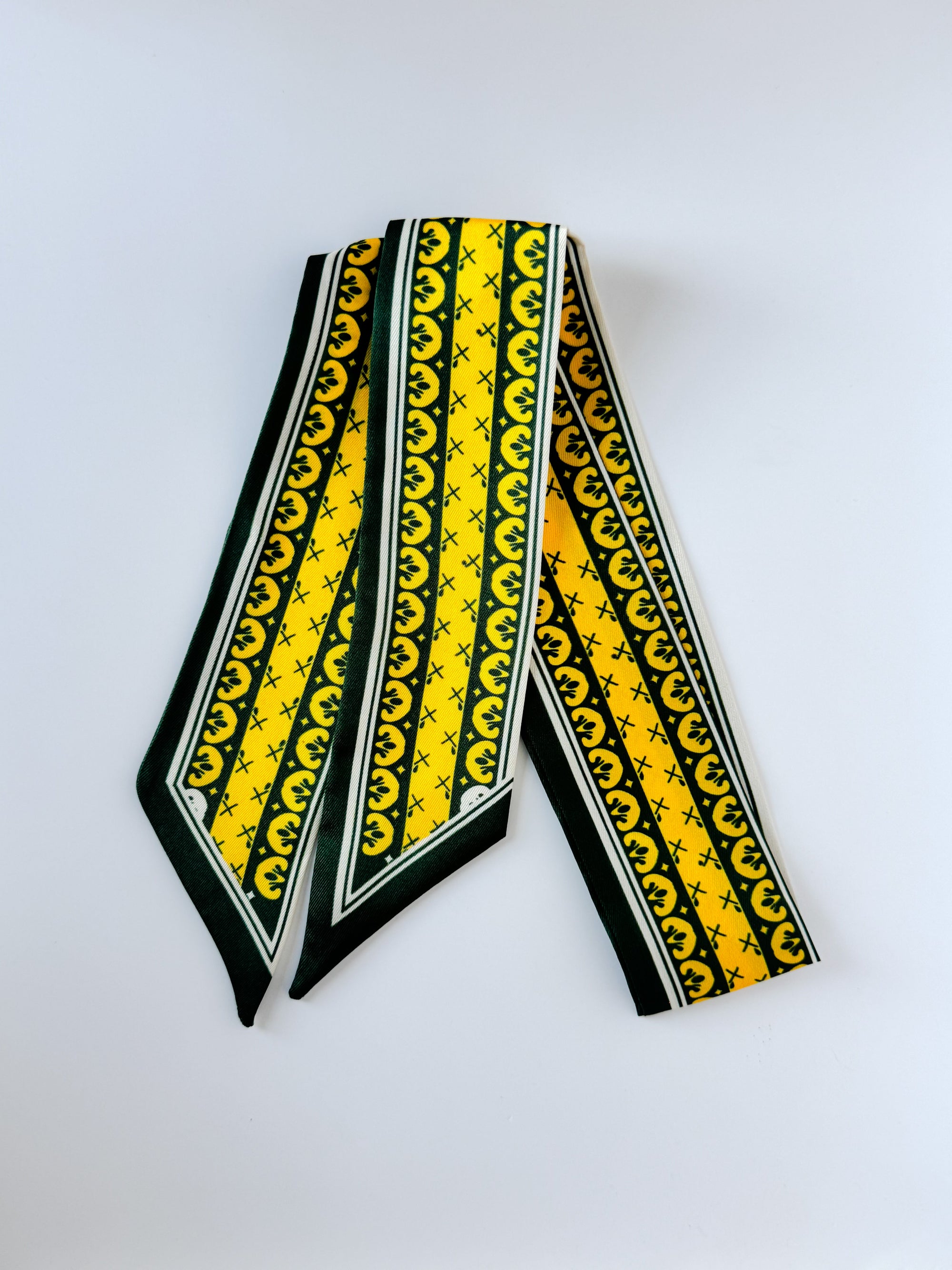 Green and Gold Ribbon Twilly skinny scarf with vibrant ribbon print