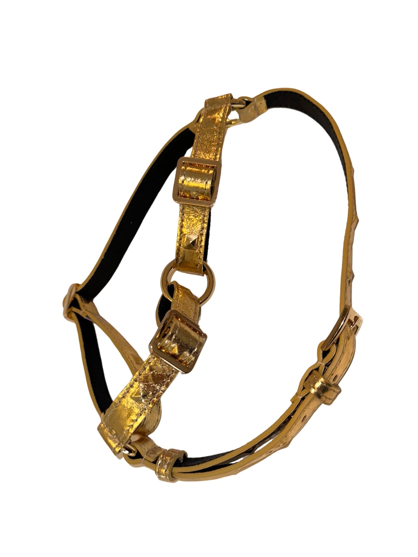 Glam Gold Embossed Studded Italian Leather Harness laid flat showing gold embossing and stud details
