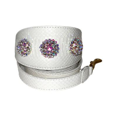 Stunning matte white 3-inch wide style collar and leash set accented with three custom Swarovski crystals