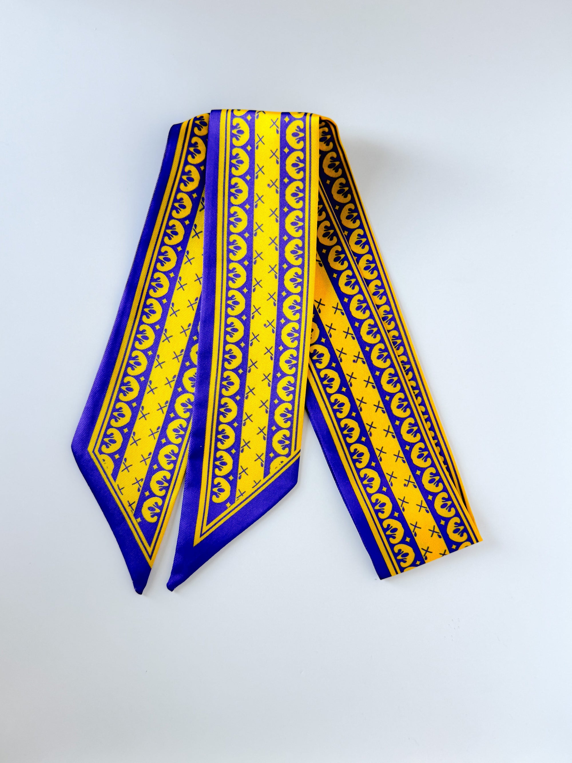 Purple and Gold Ribbon Twilly skinny scarf with vibrant ribbon design