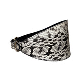 White and black wide snake-patterned collar with textured scales and silver metal buckle, shown at an angled side view.
