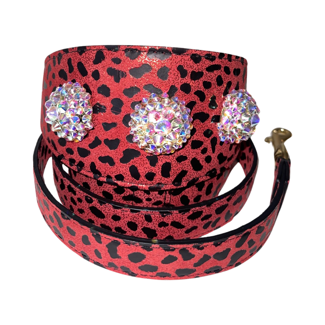 Red and black leopard print leather dog collar adorned with Swarovski crystals and matching leash