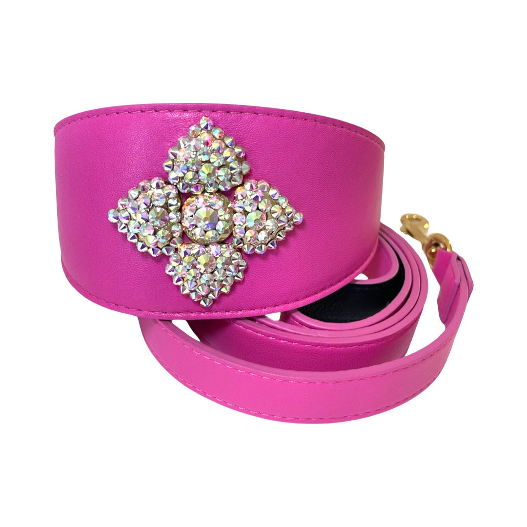 Fuchsia Pink Leather Dog Collar with Swarovski Crystal Flower
