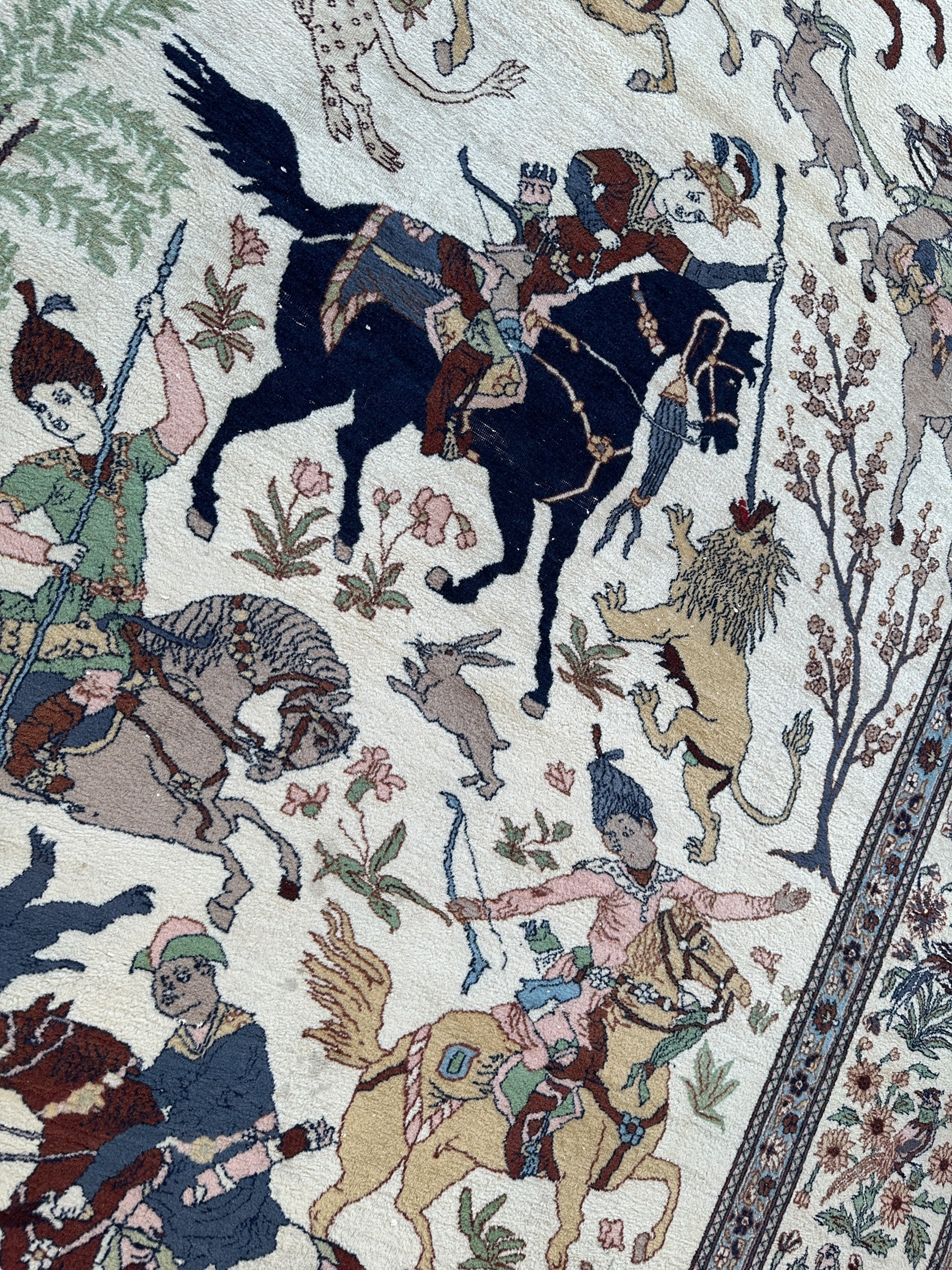Hand-Knotted Lahore Hunting Scene Wool Rug – 8’ x 11’3” – Vintage 1950s by Rugistan - product image 5 for Resin Society