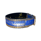 Classic dog collar with a textured pattern featuring blue, silver, and gold colors and gold hardware buckle, shown against a white background.