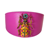 Glam Beetle dog collar in fuchsia pink Italian leather with beetle accessory