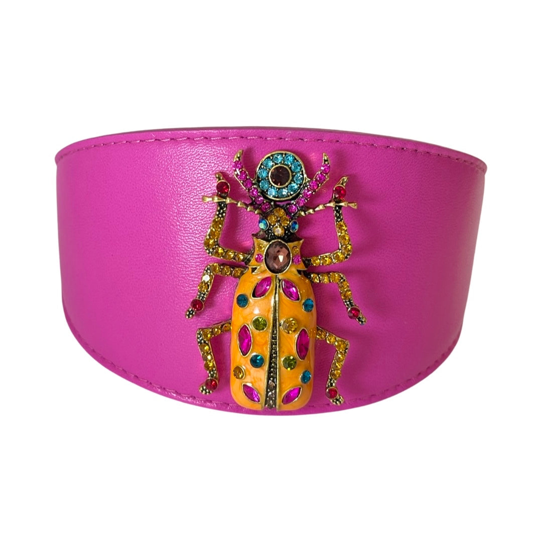 Glam Beetle dog collar in fuchsia pink Italian leather with beetle accessory
