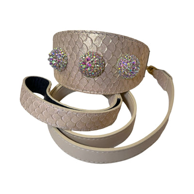 Hollywood Glam Collar & Leash Set with Rose Gold Tilapia finish and three large Swarovski Crystal Rivets