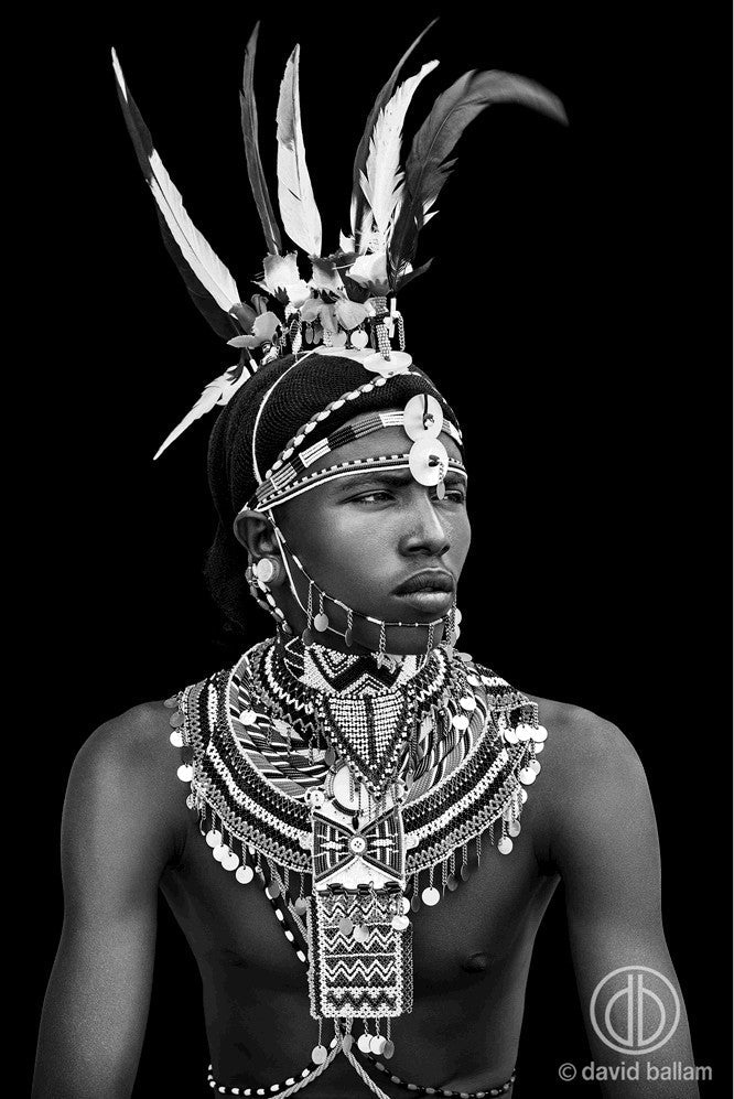 Kenyan Man with Feather Headdress - Fine Art Canvas Print by Mbare Ltd - main product image for Resin Society