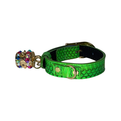 XS/S 7”-14” Neon Green Custom Snake Collar with Gold Italian Hardware & Swarovski Crystal Charm