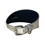 Silver snake-patterned dog collar with black interior lining and silver buckle hardware, shown in a circular shape on white background.
