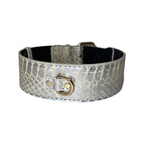 Wide dog collar with silver snake-patterned surface and gold metal buckle and D-ring hardware, shown against a white background.