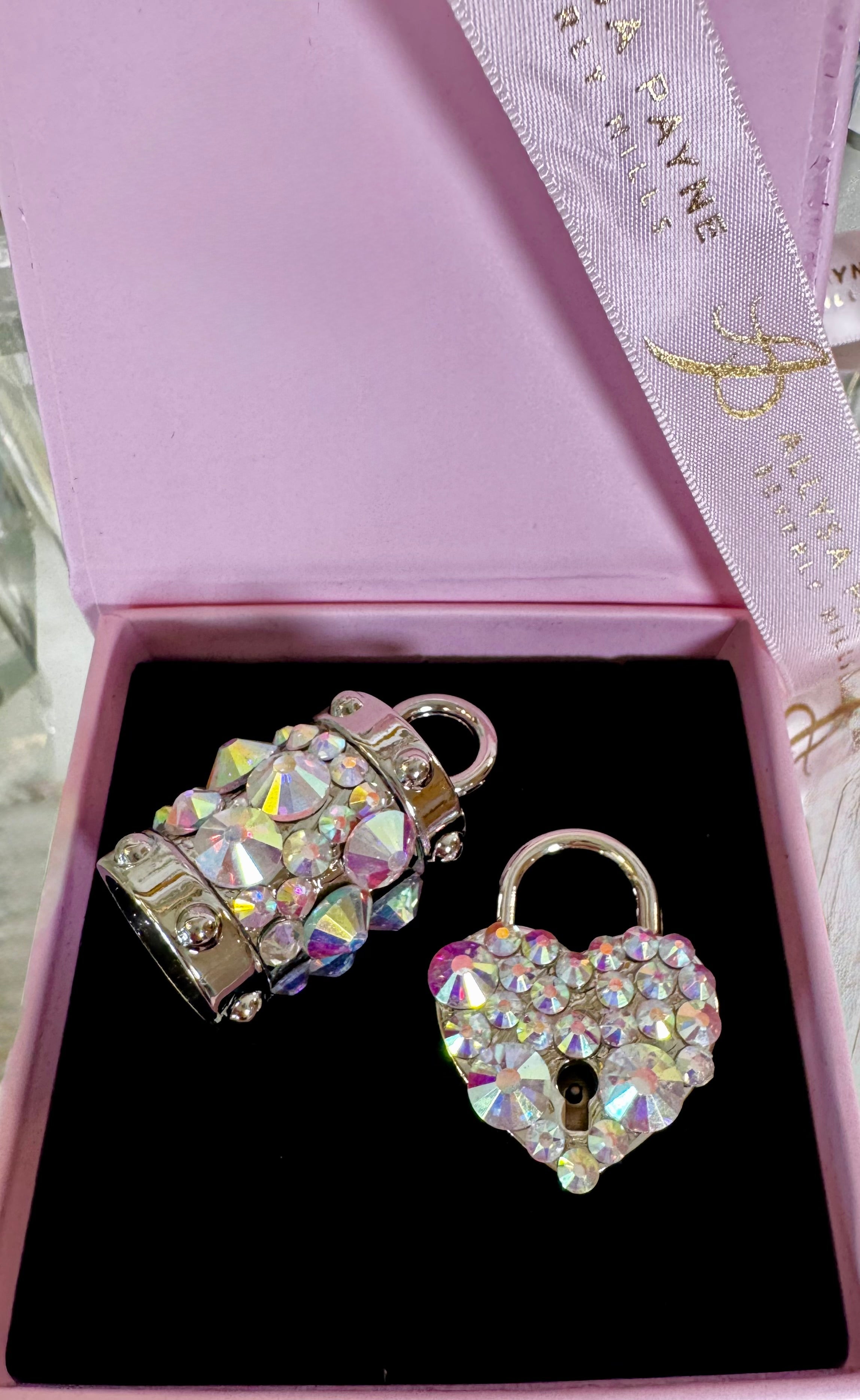 Silver-tone heart locket and bell charm with sparkling Swarovski crystals