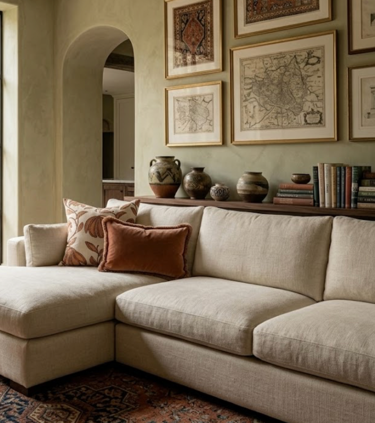 Beige sectional sofa with two decorative pillows in ochre and brown leaf pattern, set against a wall with vintage maps and earthenware vases on a wooden shelf.