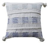 Square throw pillow cover with textured white fabric, featuring horizontal blue and white striped patterns and tassels on all four corners.