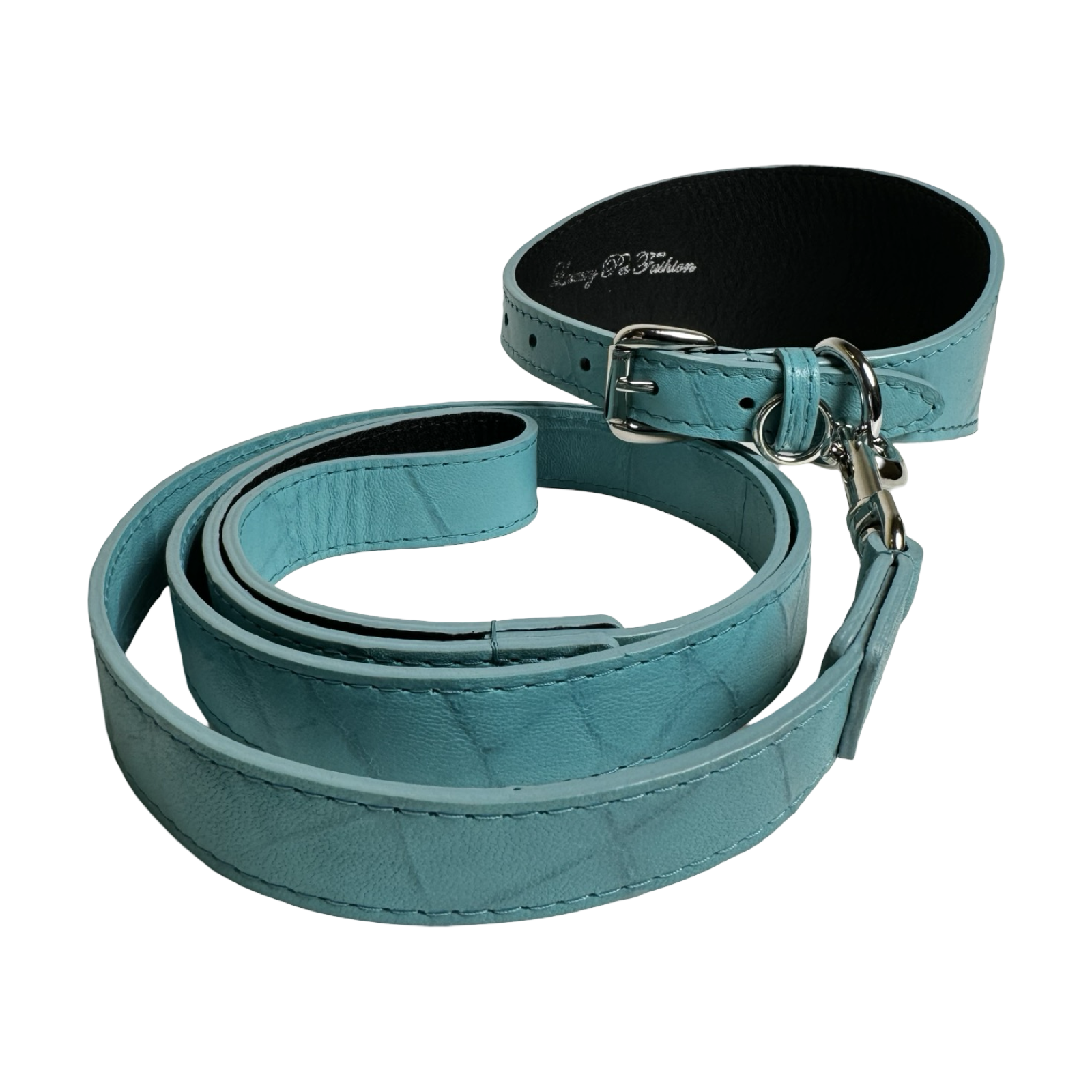 The Tiffany Collection Turquoise Blue Embossed Croc Italian Leather 3” Wide Collar with Silver Hardware