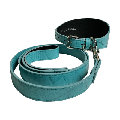The Tiffany Collection Turquoise Blue Embossed Croc Italian Leather 3” Wide Collar with Silver Hardware