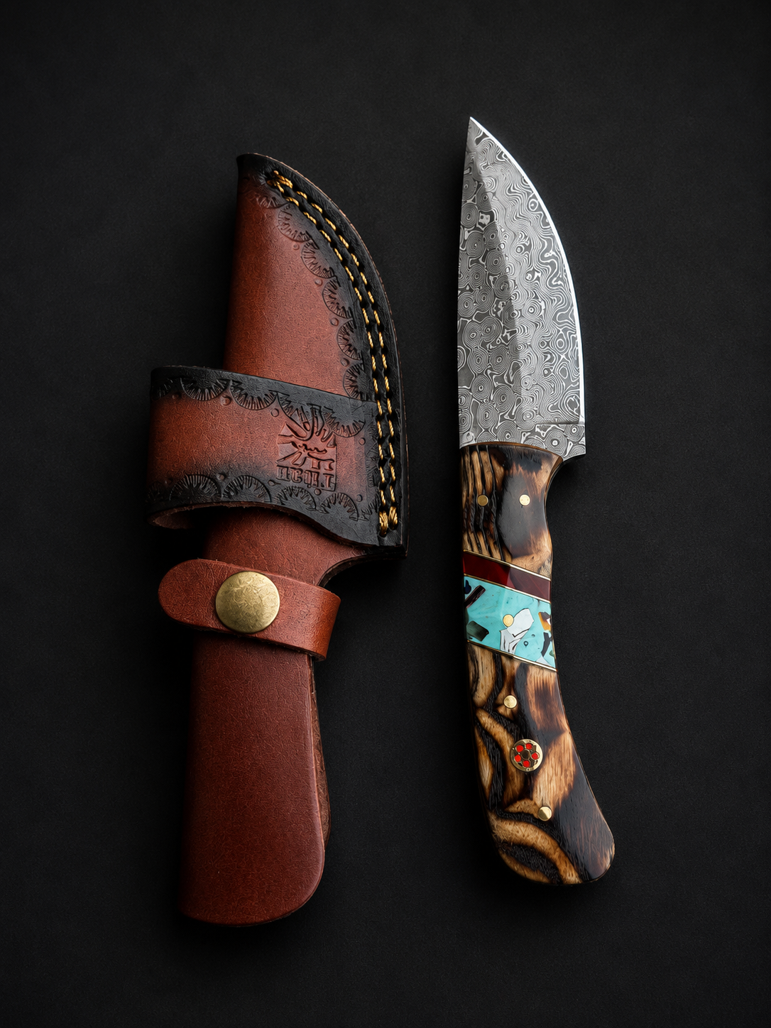 Titan Copper Canyon Damascus Hunter TK-521 showing Damascus steel blade and exotic wood handle with turquoise inlay